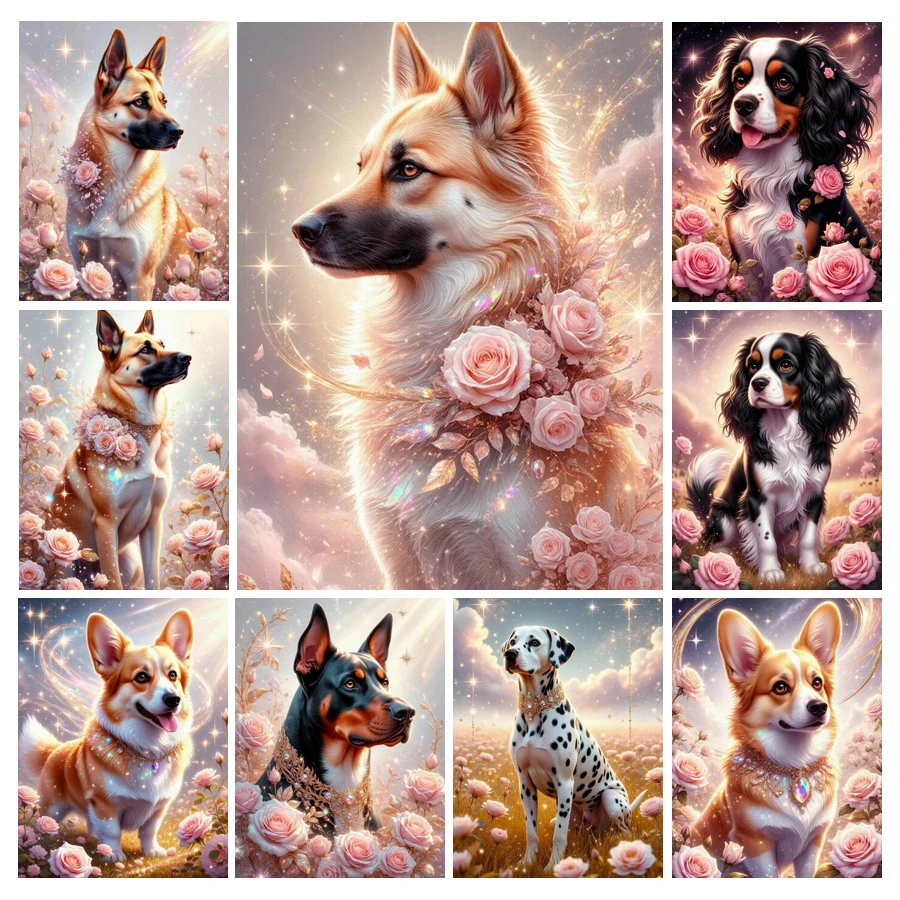 Embroidery Rose - Lukisan Berlian Anjing Lucu dan Bunga,